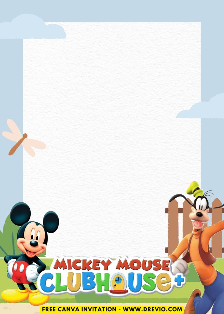 Free and Editable Goofy and Mickey Mouse Clubhouse Invitation Templates Made in Canva. Customize Online for free