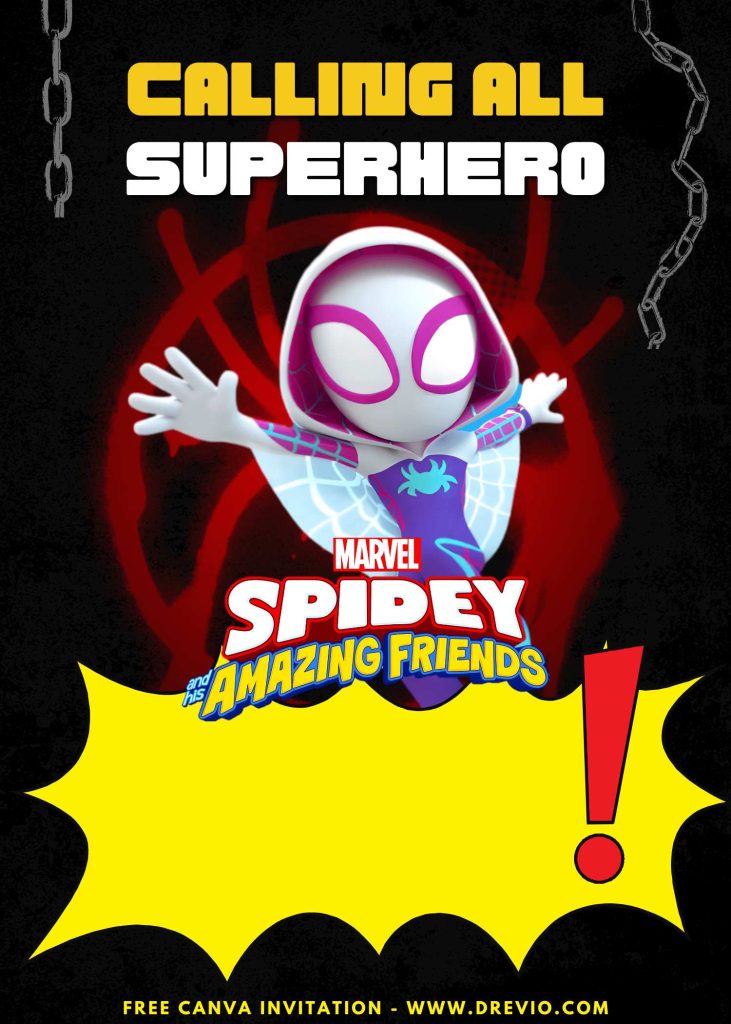 Free and Editable Awesome Ghost Spider Spidey And Friends Party Invitation Templates Made in Canva. Customize Online for free
