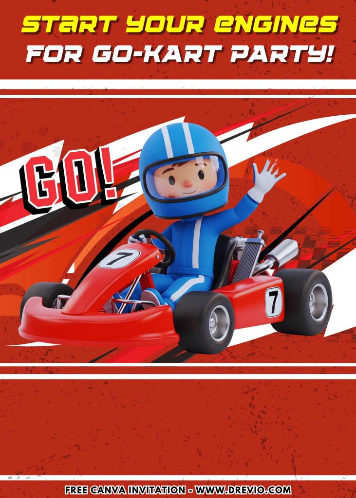 Free and Editable Go Kart Racer Kids Birthday Invitation Templates Made in Canva. Customize Online for free