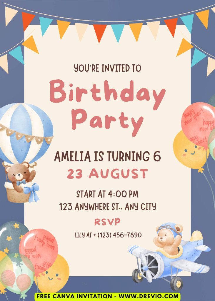 Free and Editable Cheerful Hot Air Balloon Adventure Invitation Templates Made in Canva. Customize Online for free