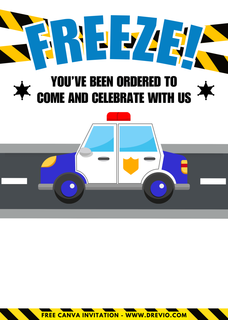 Free and Editable Chibi Police Officer Patrol Invitation Templates Made in Canva. Customize Online for free