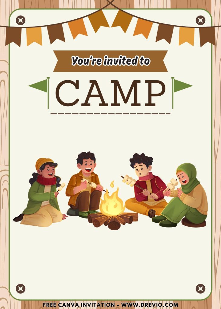 Free and Editable Camping Camp Fire Kids Birthday Invitation Templates Made in Canva. Customize Online for free