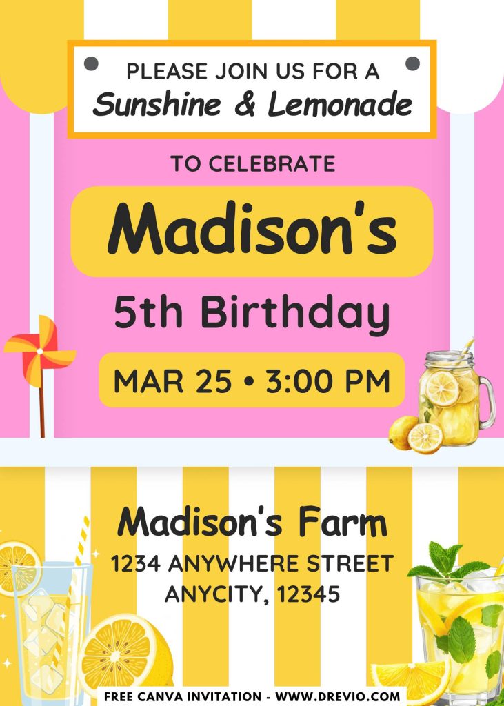 Free and Editable Fun Pink And Yellow Lemonade Stand Invitation Templates Made in Canva. Customize Online for free