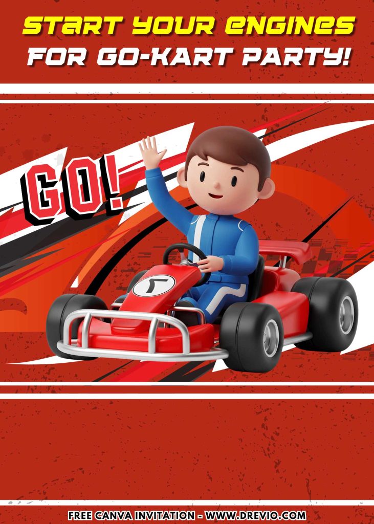 Free and Editable Awesome 3d Go Kart Racer Invitation Templates Made in Canva. Customize Online for free