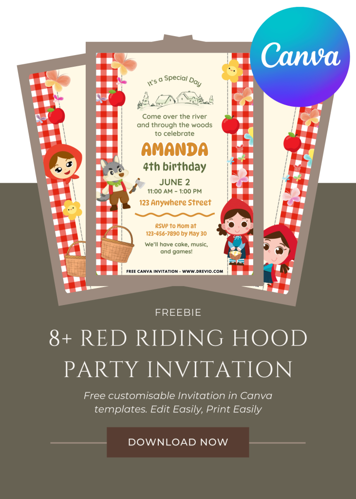 Free and Editable Adorable Fairytale Red Riding Hood Invitation Templates Made in Canva. Customize Online for free