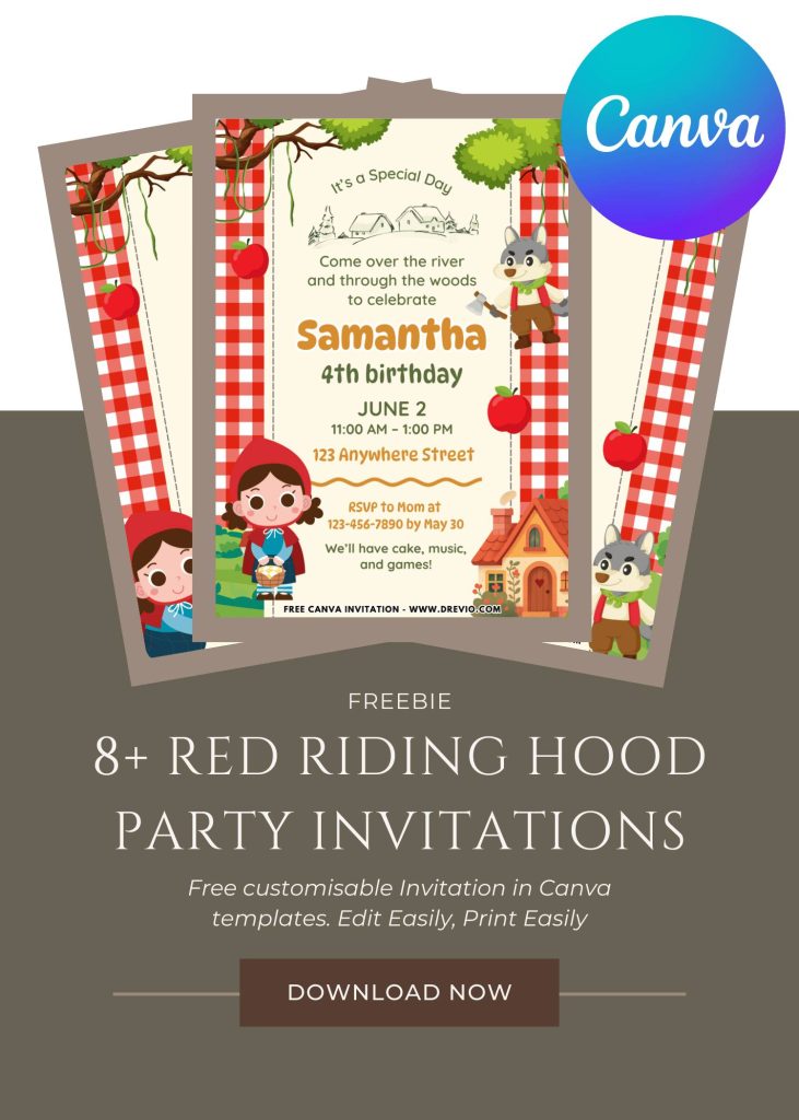 Free and Editable Little Red Riding Hood Invitation Templates Made in Canva. Customize Online for free