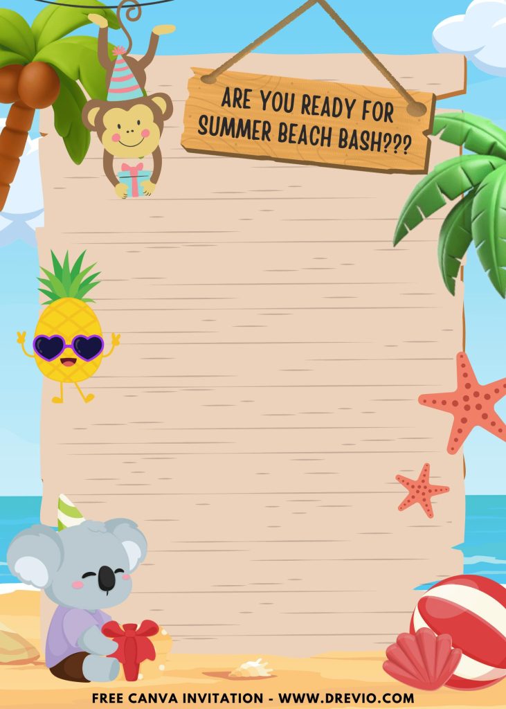 Free and Editable Pineapple and Koala at Summer Beach Bash Invitation Templates Made in Canva. Customize Online for free