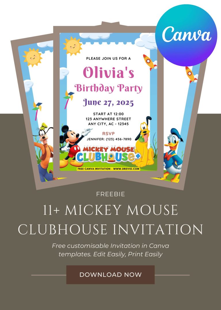 Free and Editable Mickey Mouse Clubhouse Invitation Templates Made in Canva. Customize Online for free