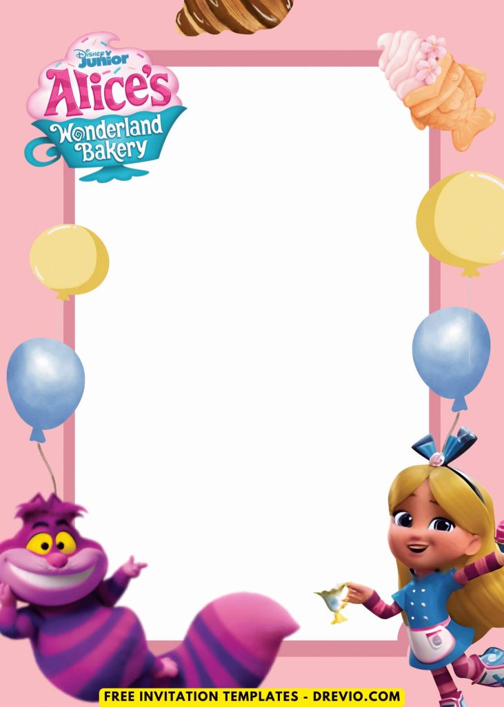 Free and Editable Cheshire Cat and Alice in Wonderland Bakery Factory Invitation Templates Made in Canva. Customize Online for free