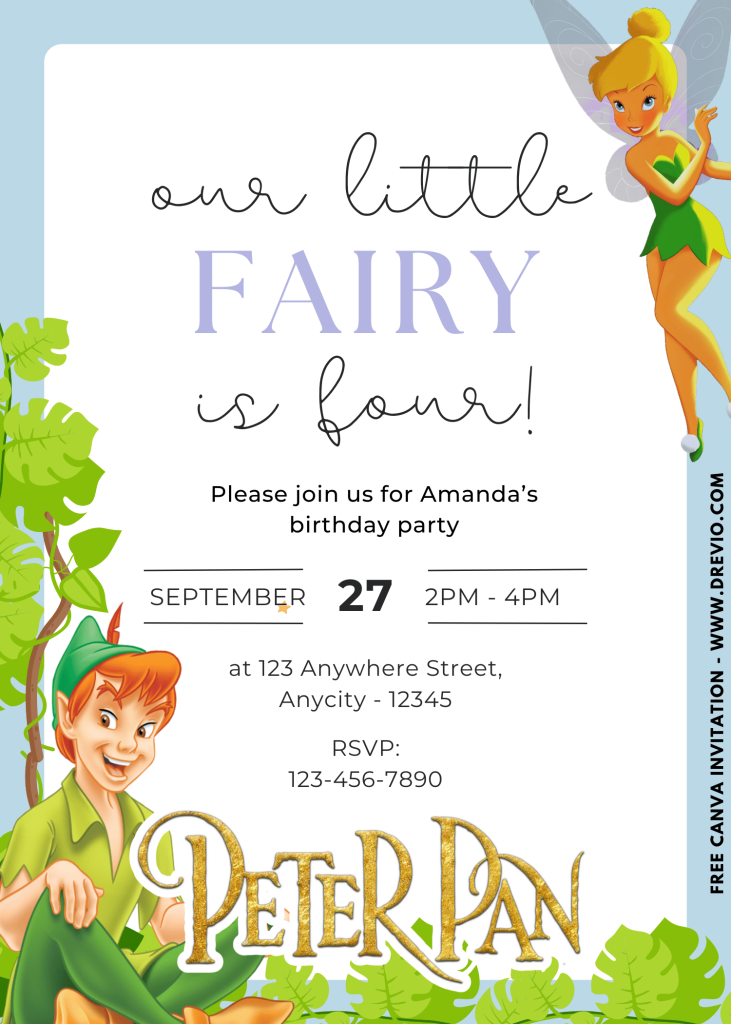 Free and Editable Lovely Peter Pan Neverland Invitation Templates Made in Canva. Customize Online for free