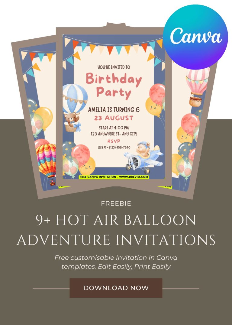Free and Editable Hot Air Balloon Adventure Invitation Templates Made in Canva. Customize Online for free