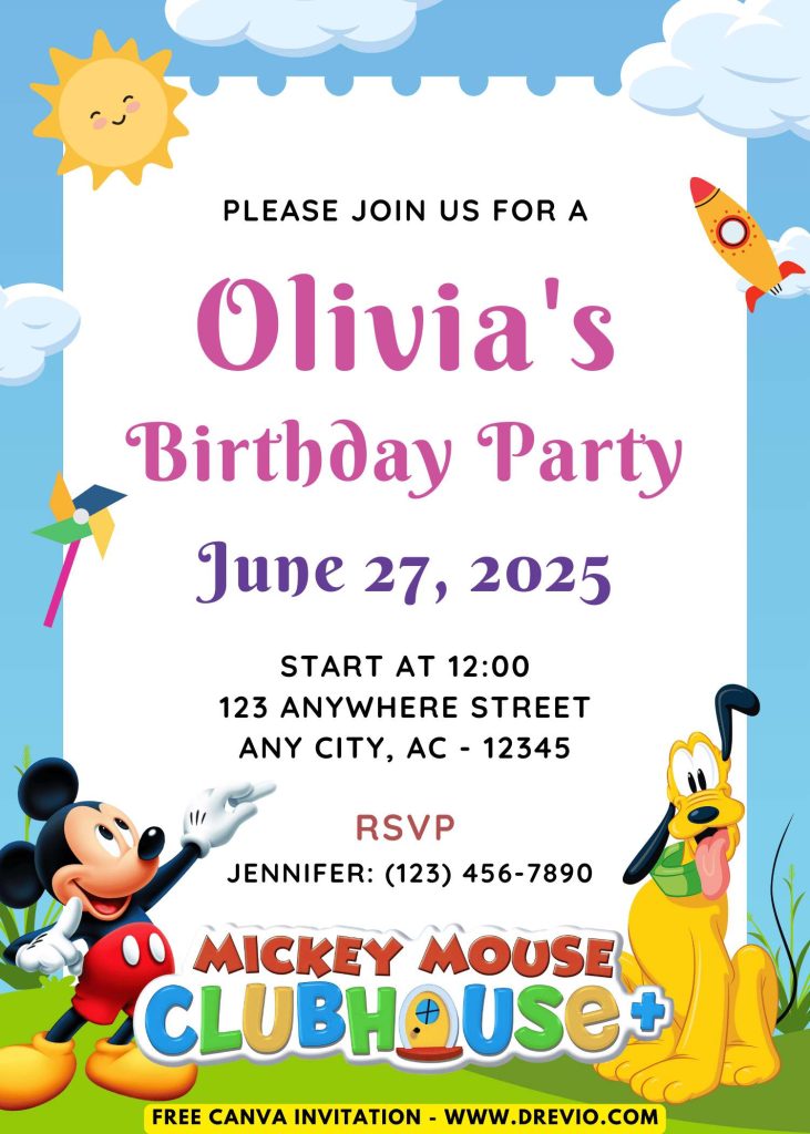 Free and Editable Cute Mickey Mouse Clubhouse Invitation Templates Made in Canva. Customize Online for free