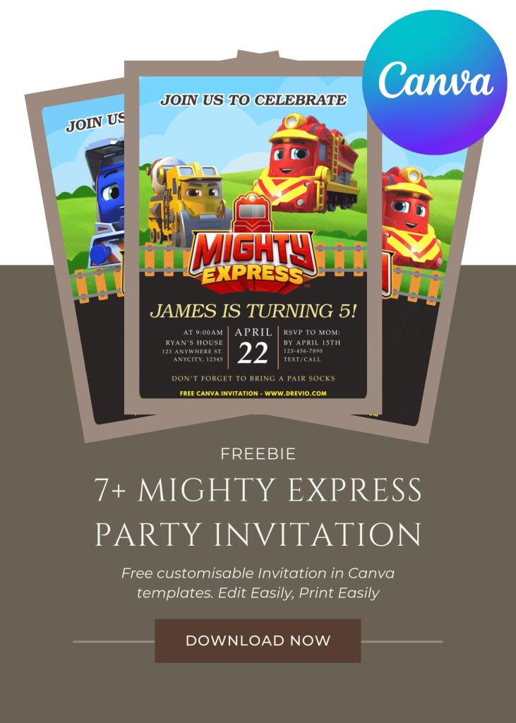 Free and Editable Chugga Chugga Mighty Express Invitation Templates Made in Canva. Customize Online for free
