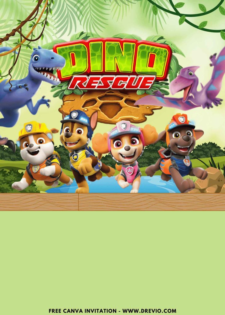 Free and Editable PAW Patrol Dino Rescue Birthday Invitation Templates Made in Canva. Customize Online for free