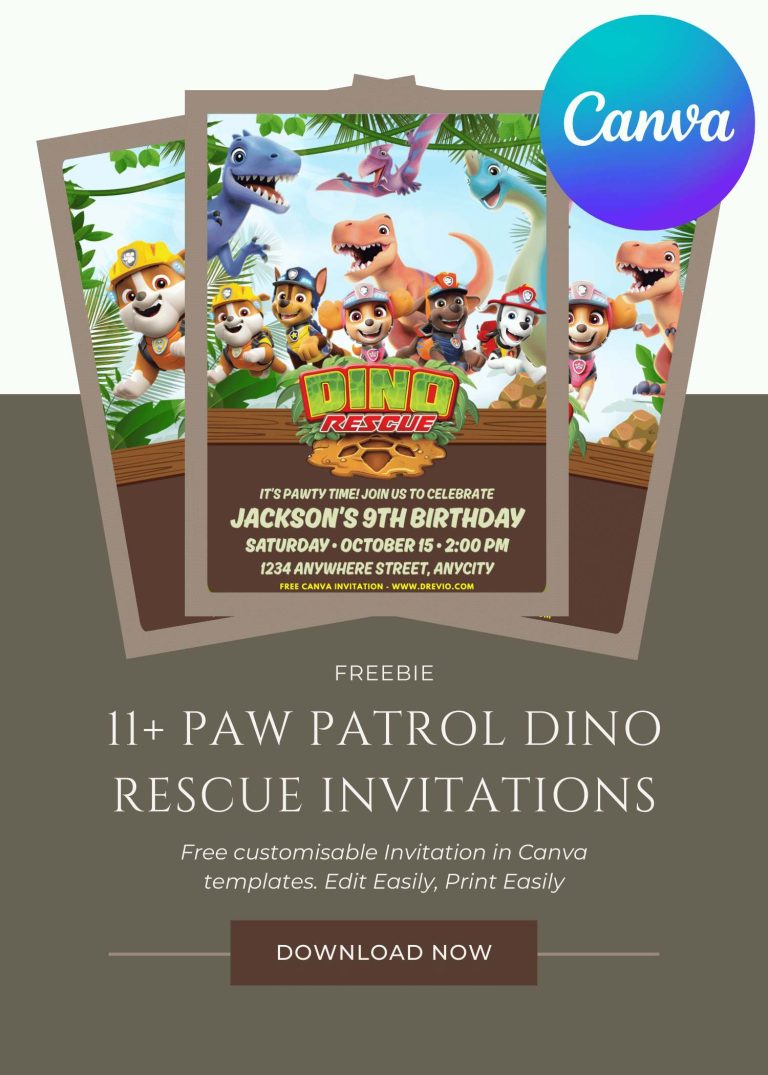 Free and Editable Roarsome PAW Patrol Dino Invitation Templates Made in Canva. Customize Online for free