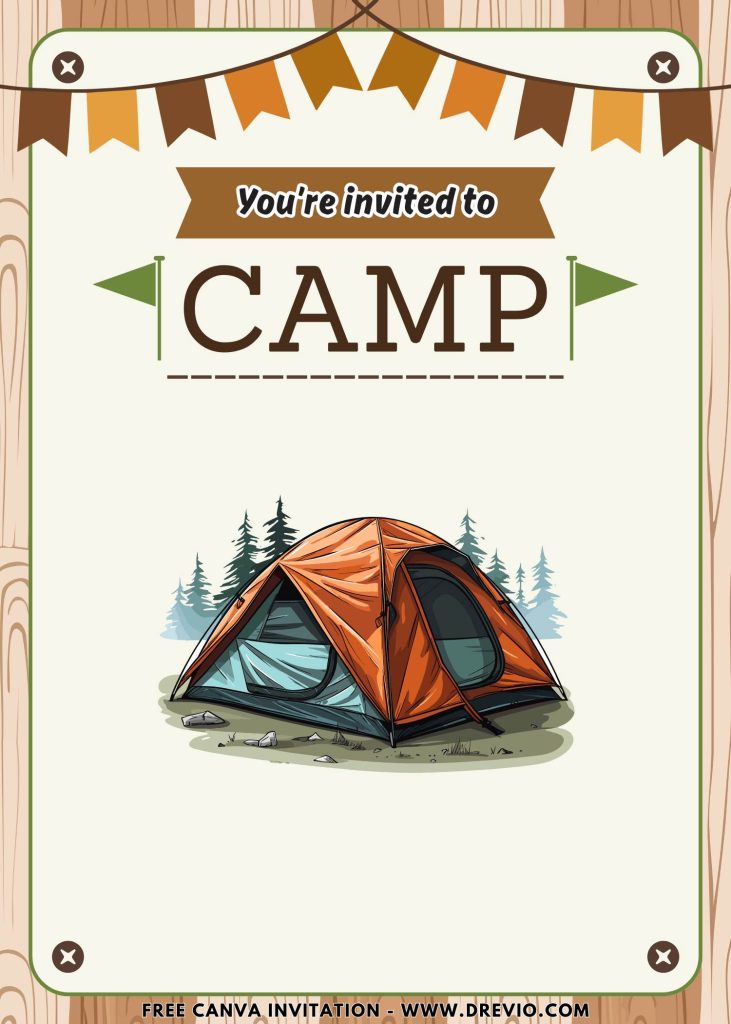 Free and Editable Hand Drawn Camping Tents Kids Invitation Templates Made in Canva. Customize Online for free