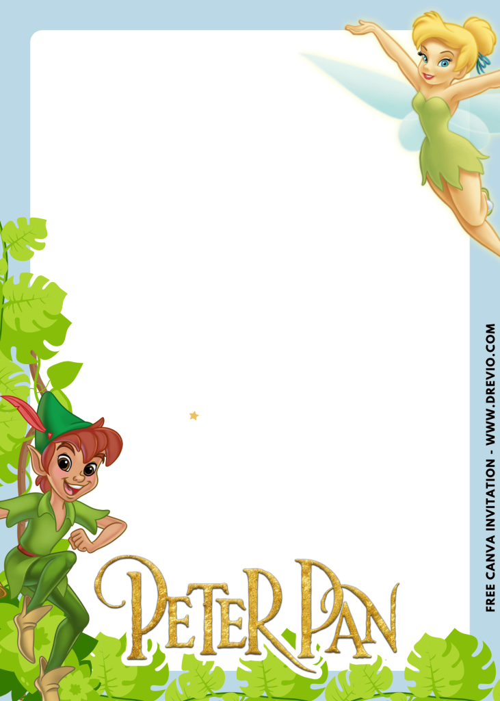 Free and Editable Cute Peter Pan and Tinkerbell Neverland Invitation Templates Made in Canva. Customize Online for free