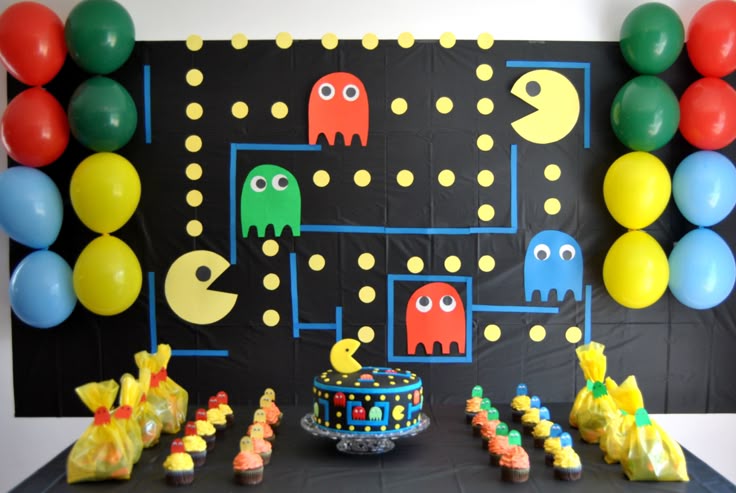 Pacman party invitation template with retro arcade maze background, pixel stars, pellets, ghosts, and classic gaming decorations
