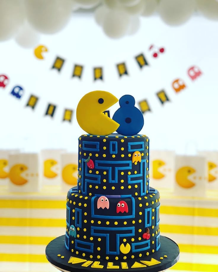 Free Pacman birthday invitation surrounded by pixel lightning bolts, arcade joystick icons, maze pathways, cherries, and colorful ghosts