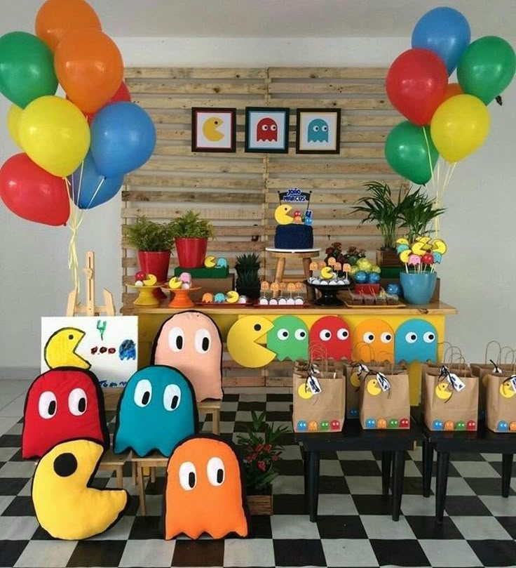 Pacman Canva invitation template decorated with pixel hearts, arcade maze walls, power pellets, ghosts, and gaming-inspired birthday graphics