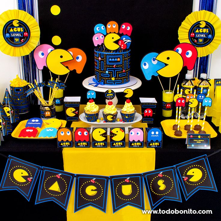 Retro Pacman invitations with yellow maze design, pixel cherries, ghosts, arcade score icons, and birthday celebration elements