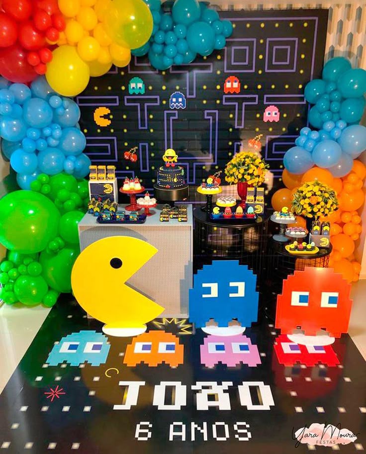 Editable Pacman birthday invitation featuring pixel maze graphics, cherries, power pellets, and classic arcade ghost characters