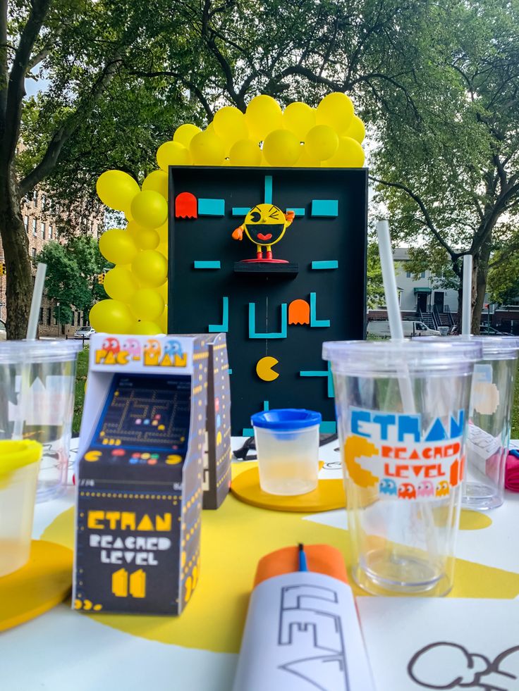 Editable Pacman invitations featuring bright yellow arcade theme, pixel fruit icons, maze corridors, ghosts, and vintage game aesthetics