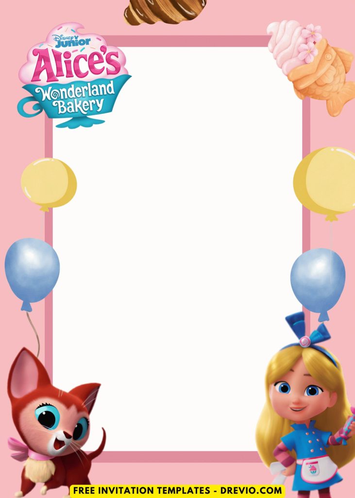 Free and Editable Pastel Balloon Alice in Wonderland Bakery Factory Invitation Templates Made in Canva. Customize Online for free