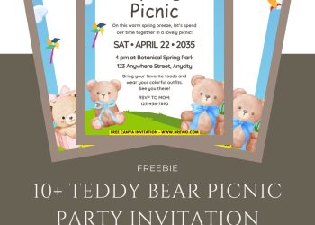 Free and Editable Spring Picnic Teddy Bear Invitations Templates Made in Canva. Customize Online for free