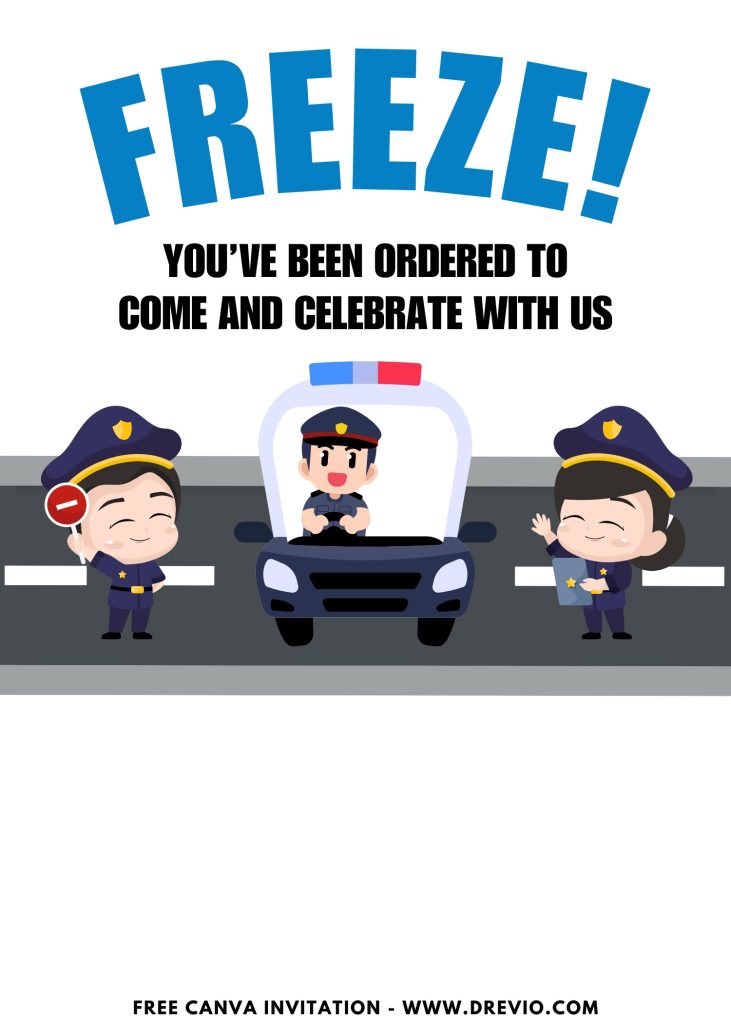 Free and Editable Cute Chibi Police Officer Invitation Templates Made in Canva. Customize Online for free