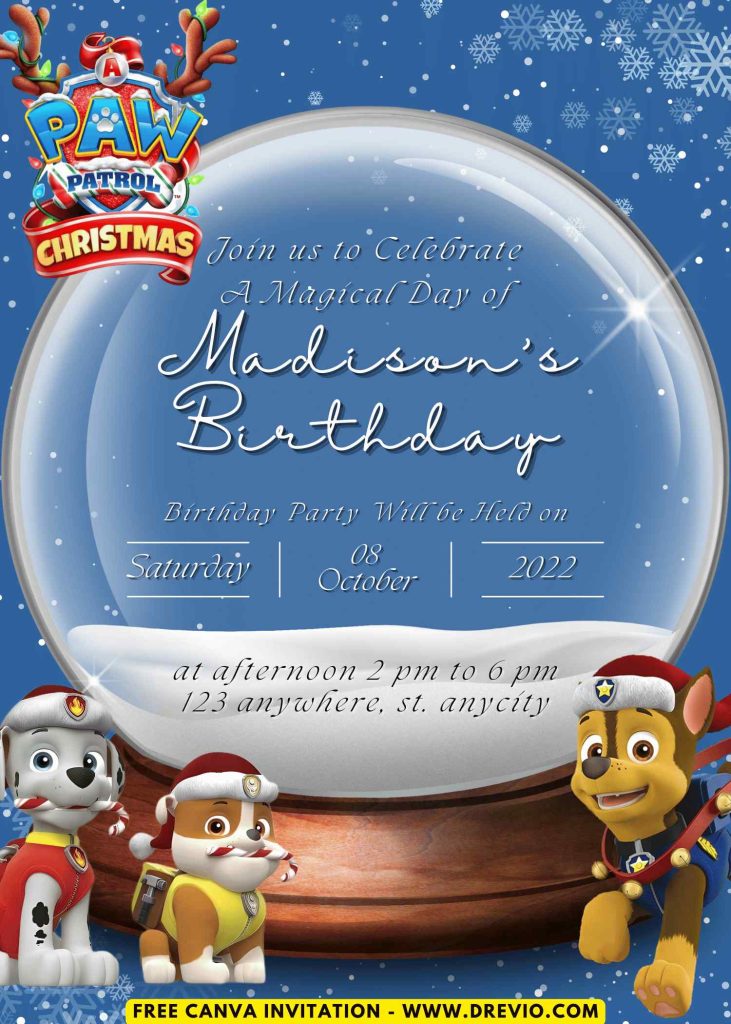 Free and Editable Lovely PAW Patrol Christmas Special Invitation Templates Made in Canva. Customize Online for free