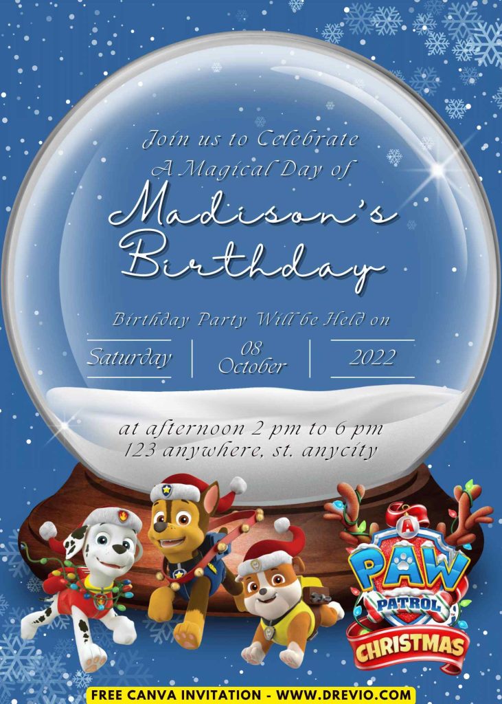 Free and Editable Adorable PAW Patrol Christmas Special Invitation Templates Made in Canva. Customize Online for free