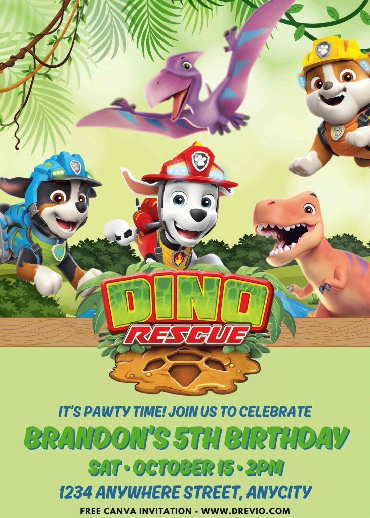 Free and Editable Ultimate PAW Patrol Dino Movie Invitation Templates Made in Canva. Customize Online for free
