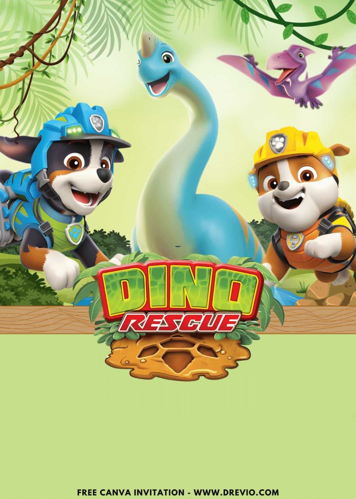 Free and Editable PAW Patrol Dino Movie with Marshall and Rocky Invitation Templates Made in Canva. Customize Online for free