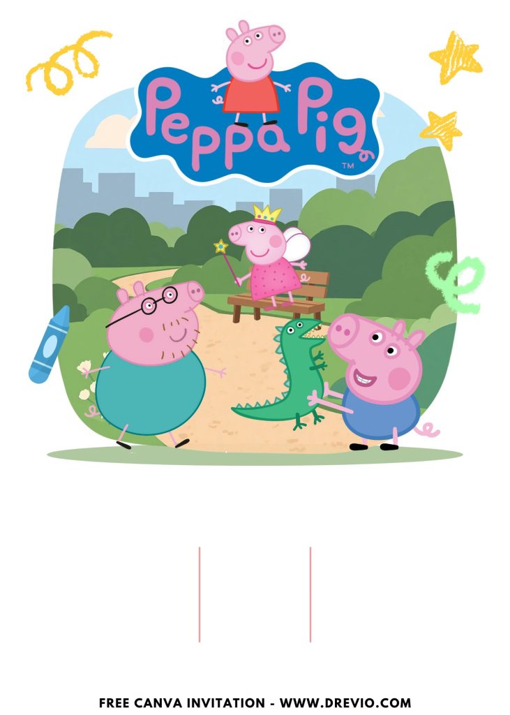 Free and Editable Lovely Cute Peppa Pig Park Invitation Templates Made in Canva. Customize Online for free