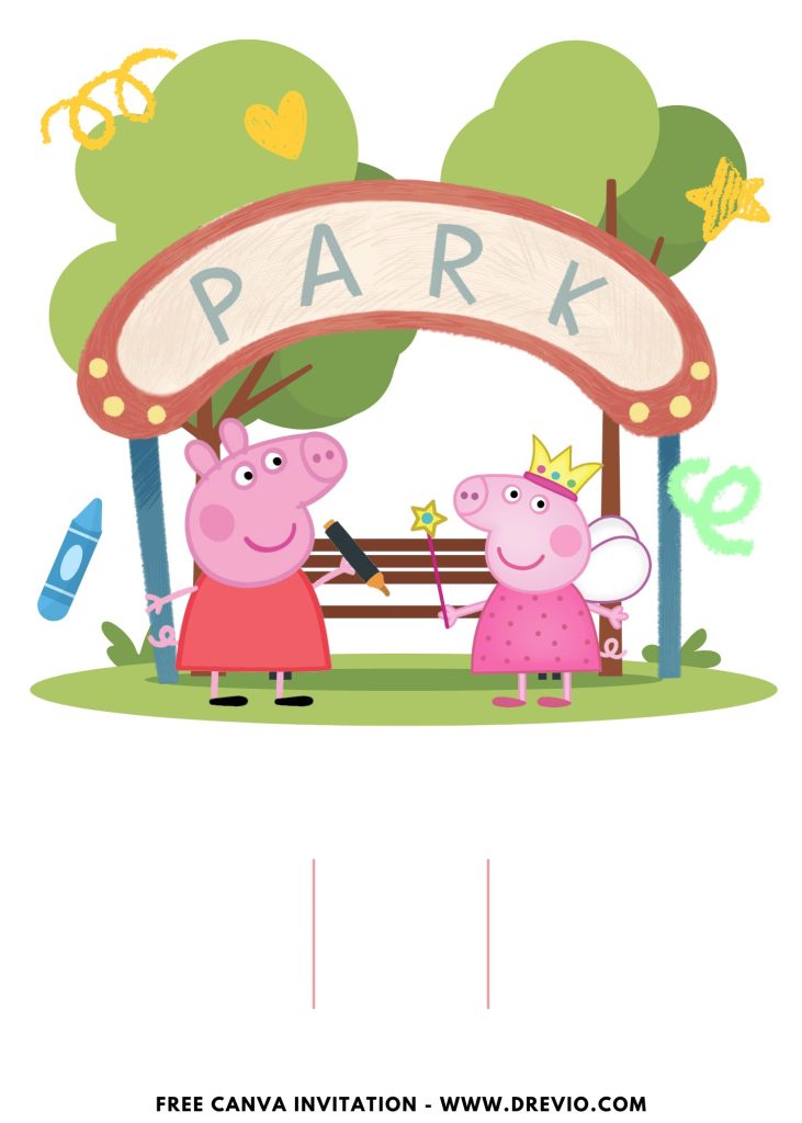 Free and Editable Lovely Peppa Pig Theme Park Invitation Templates Made in Canva. Customize Online for free