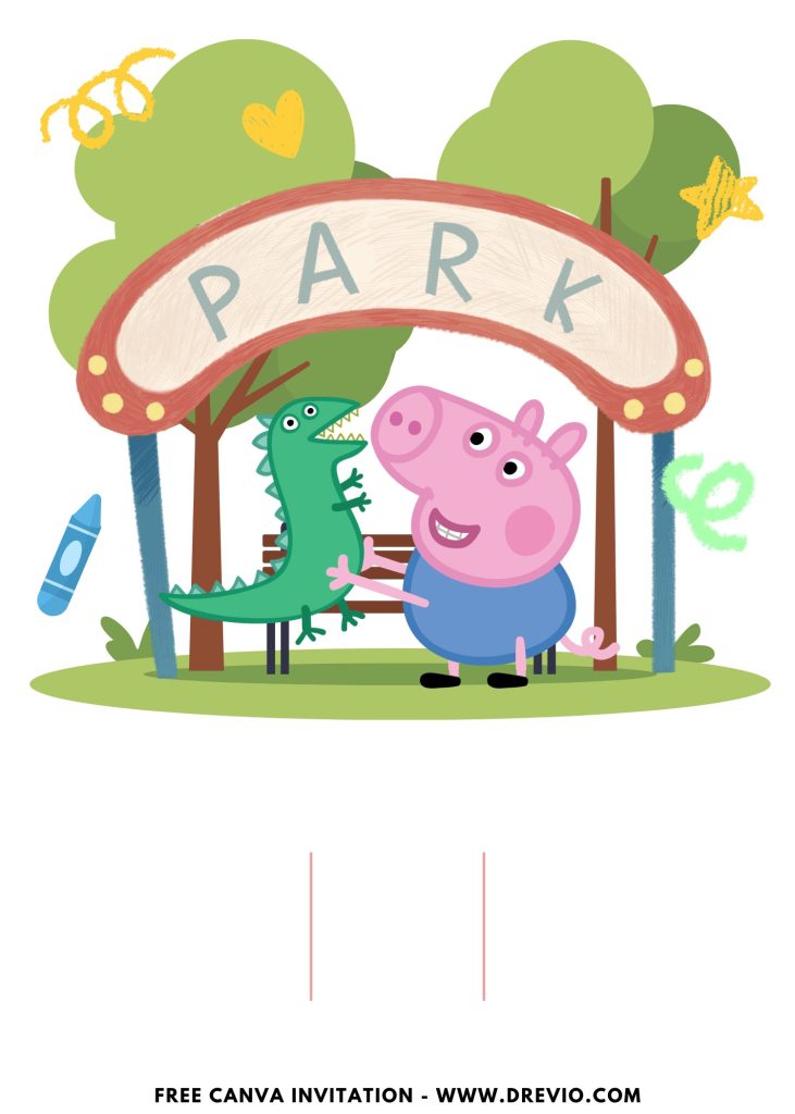 Free and Editable Peppa Pig playing with Dinosaur toy Invitation Templates Made in Canva. Customize Online for free