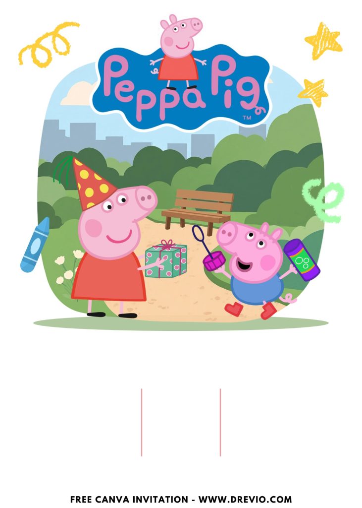 Free and Editable Playful Peppa Pig Park Invitation Templates Made in Canva. Customize Online for free