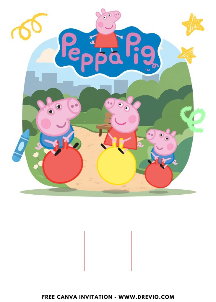 Free and Editable Bouncing Ball Peppa Pig Park Invitation Templates Made in Canva. Customize Online for free