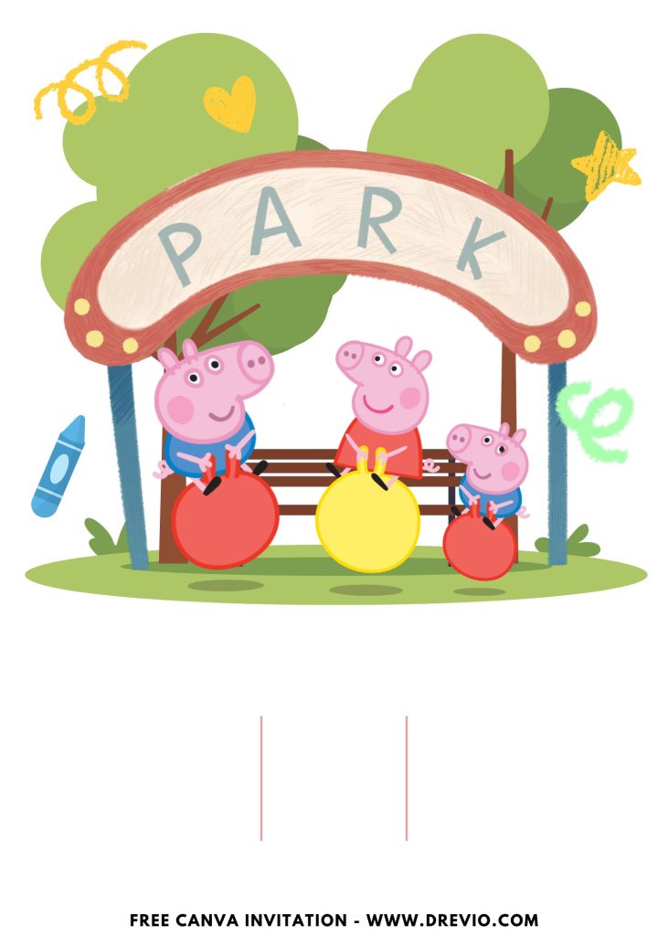 Free and Editable Peppa Pig Playing Bouncing Ball Invitation Templates Made in Canva. Customize Online for free