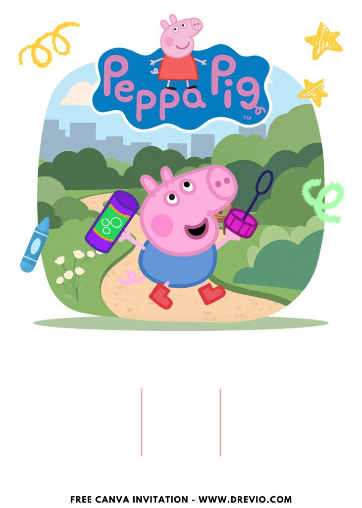 Free and Editable Cheerful Peppa Pig Park Invitation Templates Made in Canva. Customize Online for free