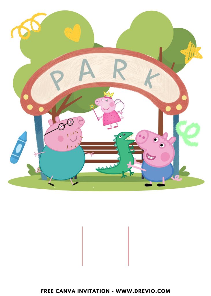 Free and Editable Peppa Pig Family Theme Park Invitation Templates Made in Canva. Customize Online for free