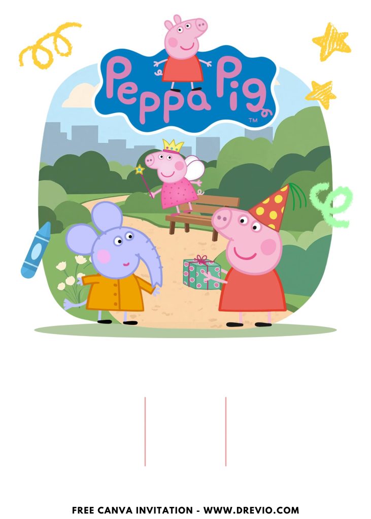 Free and Editable Lovely Peppa Pig Park Invitation Templates Made in Canva. Customize Online for free