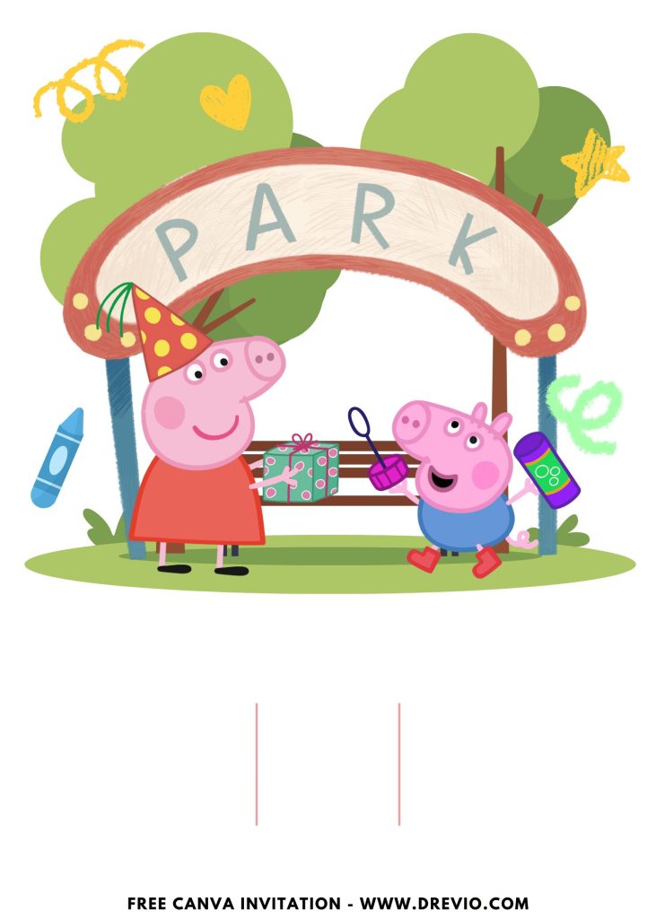 Free and Editable Adorable Peppa Pig Theme Park Invitation Templates Made in Canva. Customize Online for free