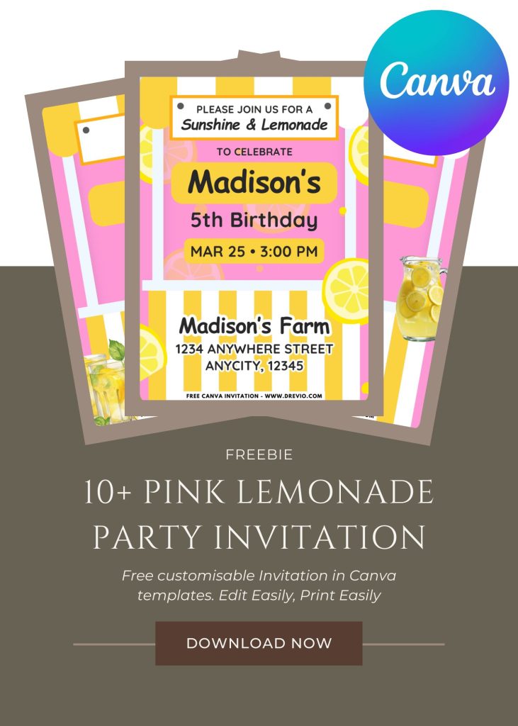 Free and Editable Summer Pink and Yellow Lemonade Stand Invitation Templates Made in Canva. Customize Online for free