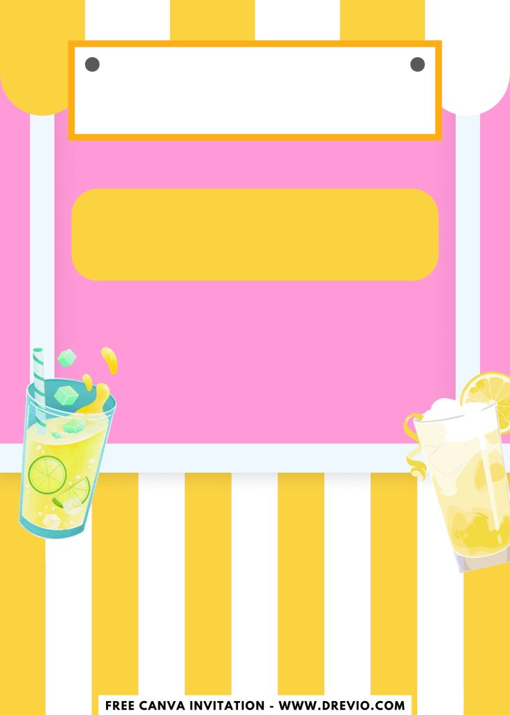 Free and Editable Lovely Pink And Yellow Lemonade Stand Invitation Templates Made in Canva. Customize Online for free