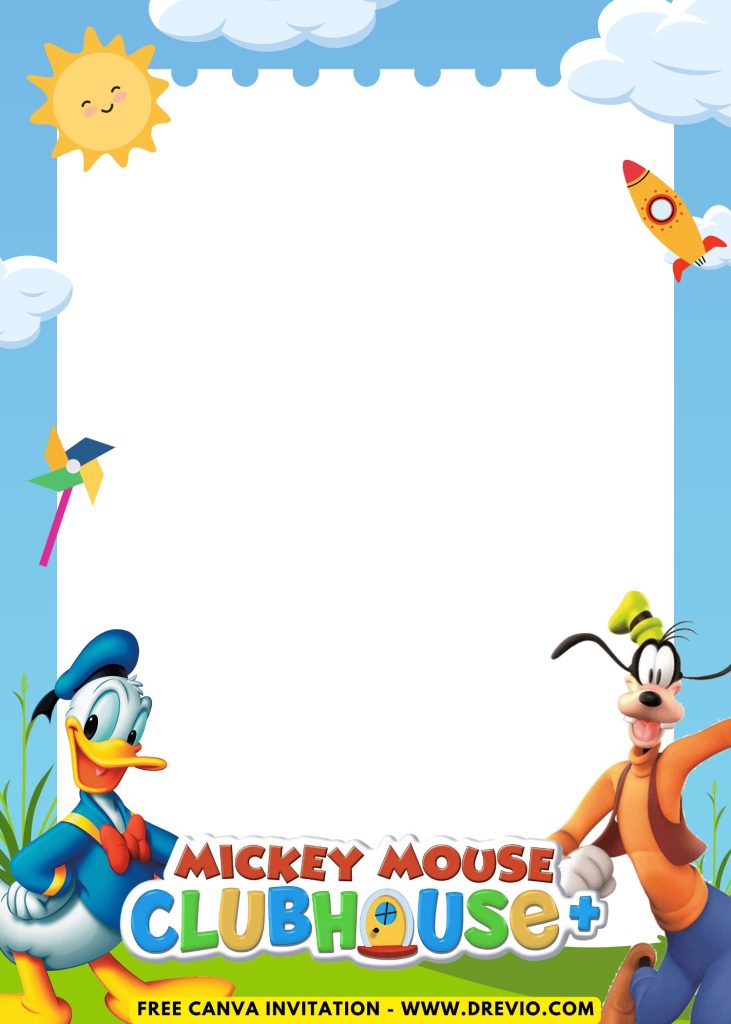 Free and Editable Happy Donald Duck and Goofy Mickey Mouse Clubhouse Invitation Templates Made in Canva. Customize Online for free
