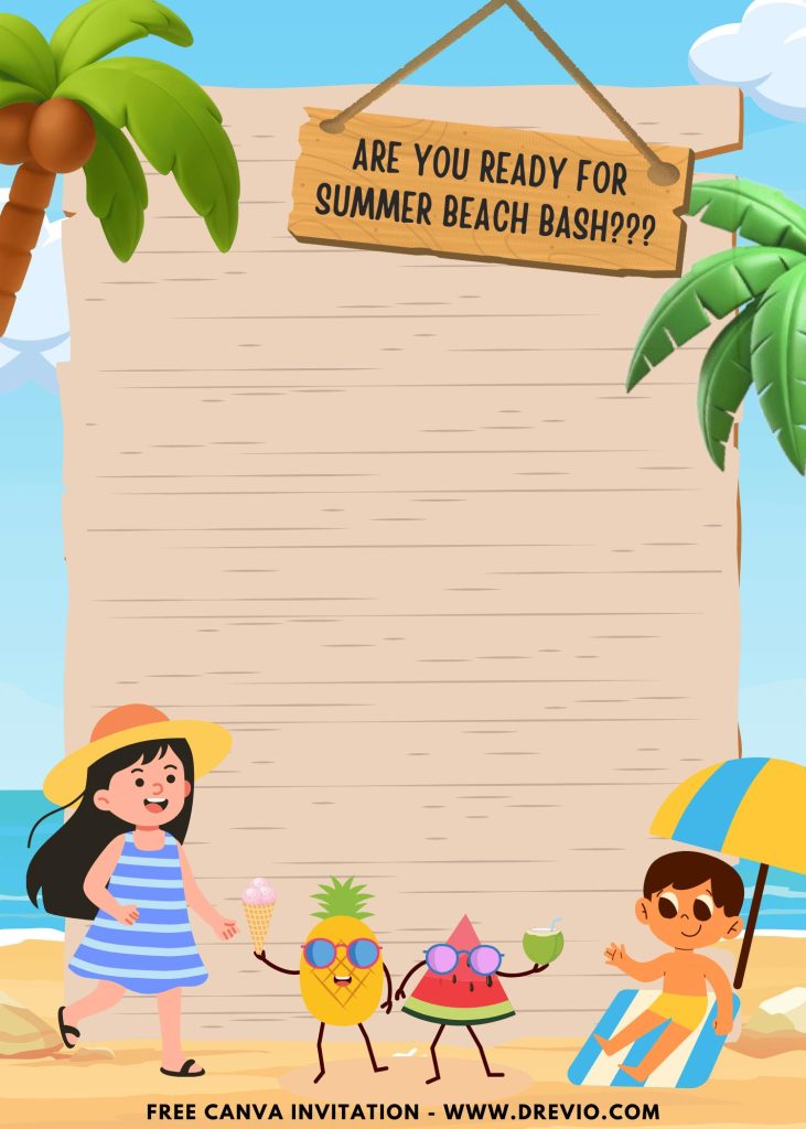 Free and Editable Happy Kids Summer Beach Bash Invitation Templates Made in Canva. Customize Online for free