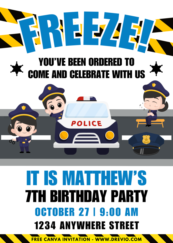 Free and Editable Fun Police Officer Patrol Invitation Templates Made in Canva. Customize Online for free