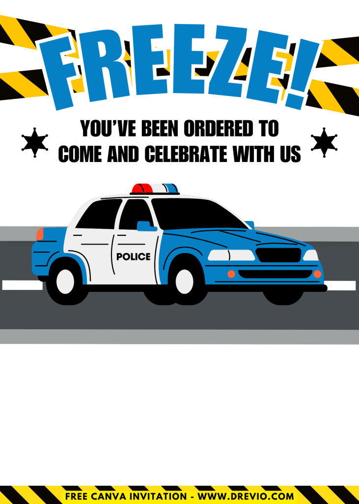 Free and Editable Police Officer Patrol Kids Birthday Invitation Templates Made in Canva. Customize Online for free